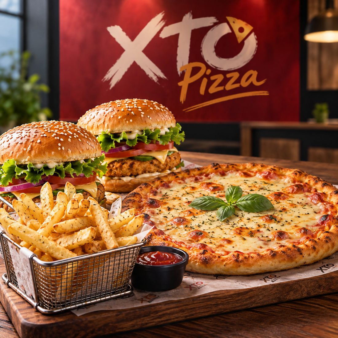 Veg burgers, fries and pizza