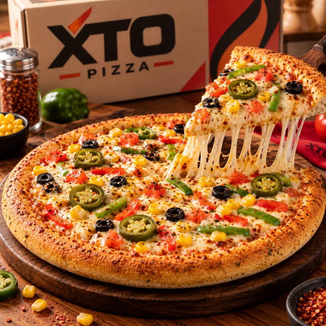 XTO veggie pizza cheese pull